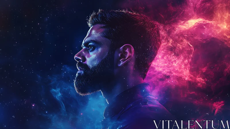 Profile portrait of male figure in neon cosmic lighting