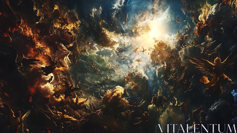 Celestial battle of angels rendered as luminous digital tableau