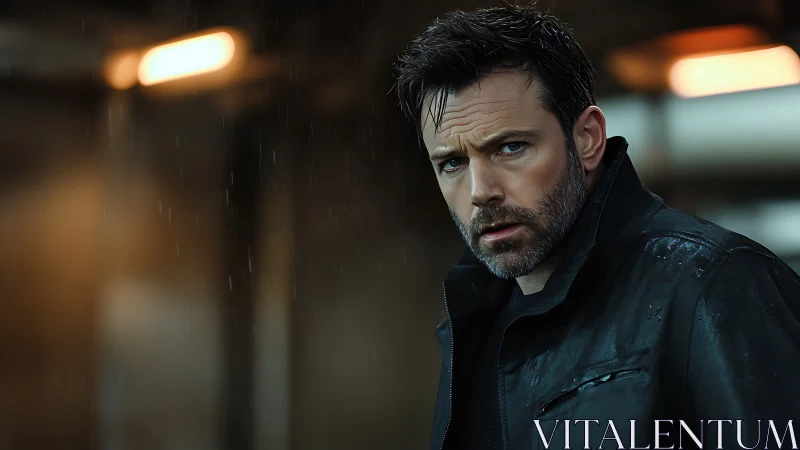 Man in dark jacket stands in rain under blurred warm lights