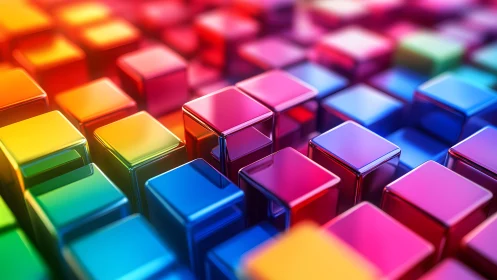 Chromatic 3D voxel lattice with reflective gradient geometry.