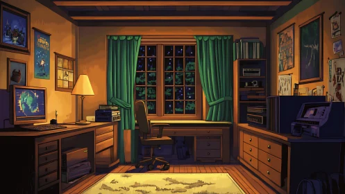 Cozy retro bedroom workspace under warm lamplight at night.