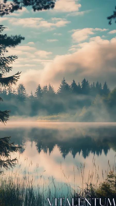 Morning mist quietly sketches twin forests on glassy lake