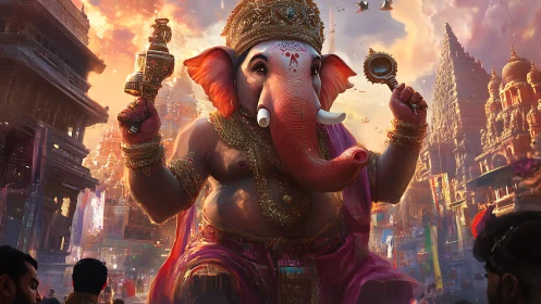 Majestic elephant-headed deity towers above vibrant temple city.