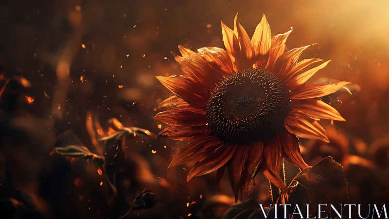 Sunlit ember sunflower glowing in a hazy golden dusk.