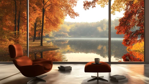 Autumn lake panorama through modern interior glazing system.