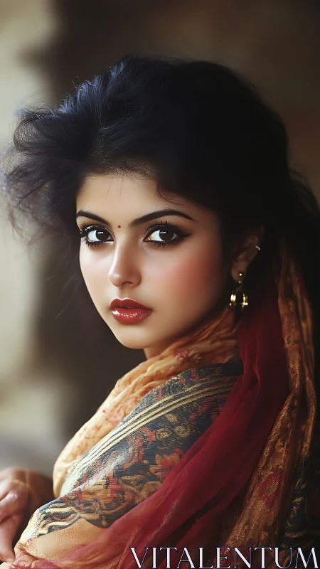 Velvet gaze of a sari‑clad beauty in warm, painterly light.