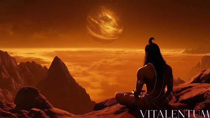 Meditating wanderer under molten sky and cloud ocean dream.