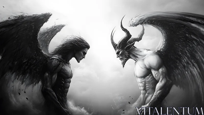 Angel and demon locked in monochrome celestial standoff.
