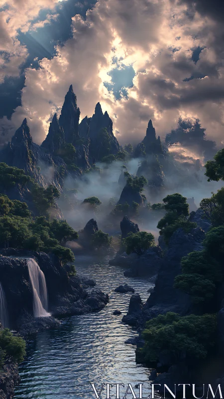 Misty stone spires above river valley with waterfalls.