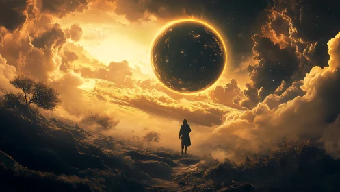 Lone wanderer under burning eclipse over storm clouds.