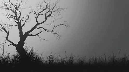 Silhouetted barren tree in minimalist grayscale landscape study.
