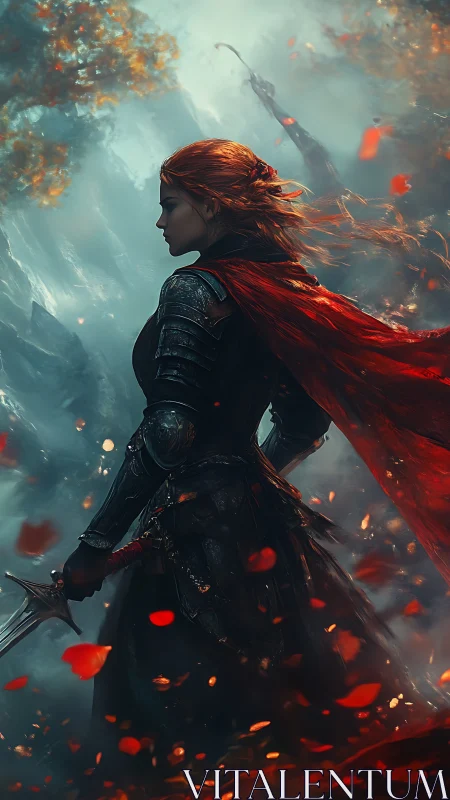 Fiery haired warrior pausing in a storm of drifting embers.