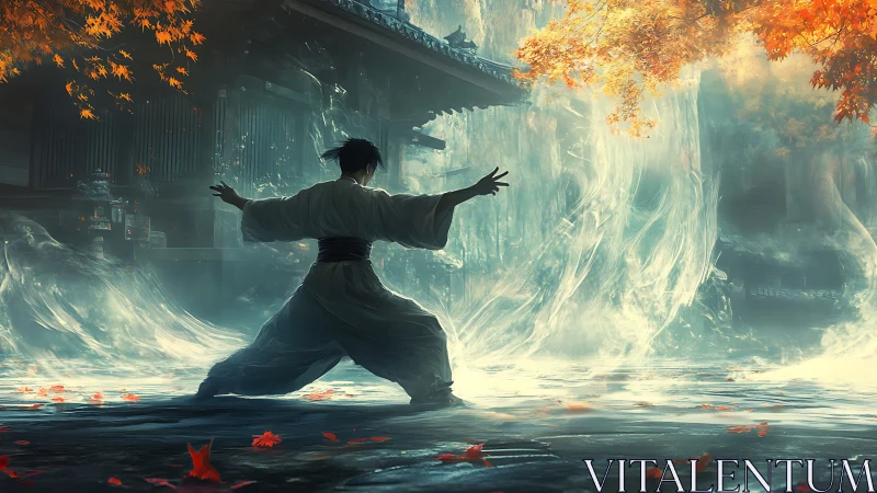 Martial artist channels elemental energy in autumn courtyard