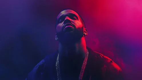 Male subject in low-key portrait under magenta-blue lighting