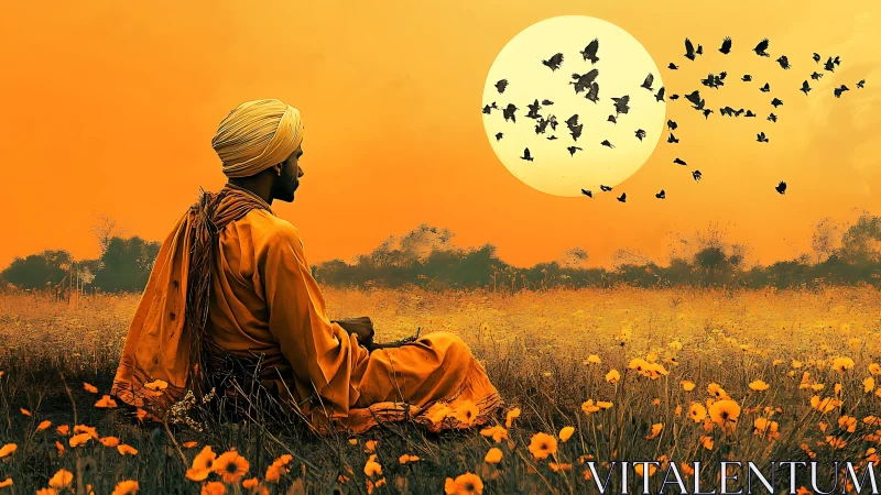 Man in orange robe sits in flower field at sunset