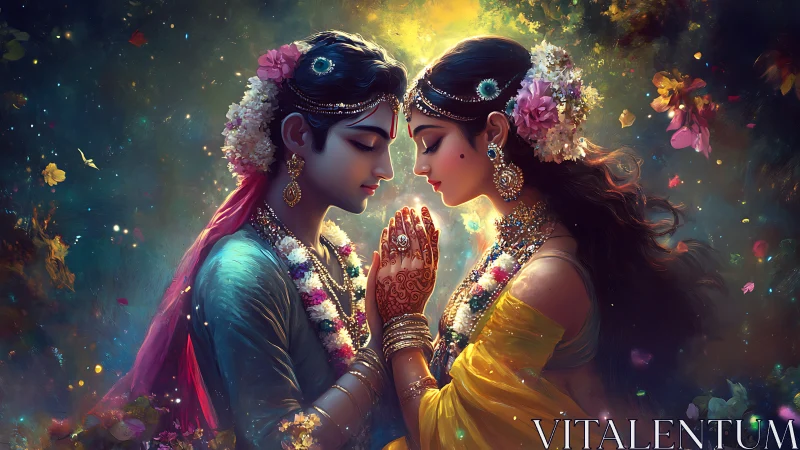 Two figures in ornamental attire with floral embellishments.