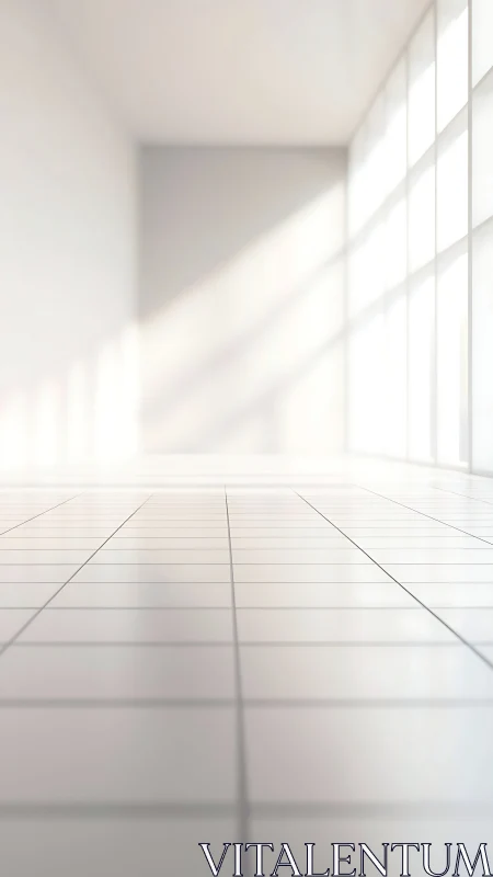 Sunlit tiled floor in minimal white interior corridor.