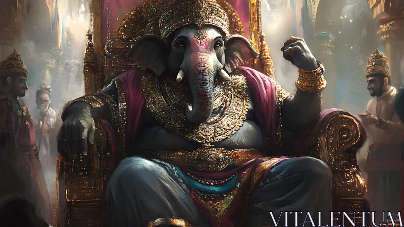 Majestic elephant deity sits enthroned in radiant splendor