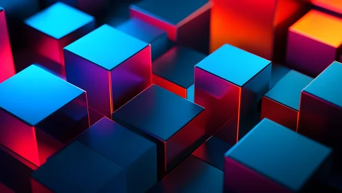 Vibrant 3D Cubes in Neon Lighting, Abstract Digital Art Style.