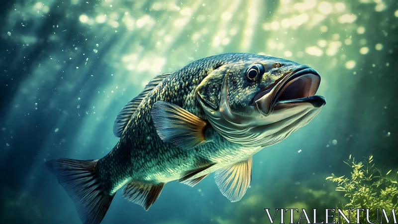 Underwater close-up of single largemouth bass in motion.