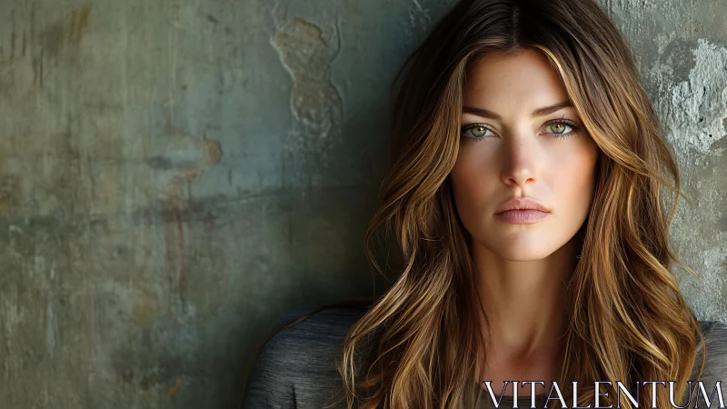 Photorealistic portrait of woman by textured concrete wall.