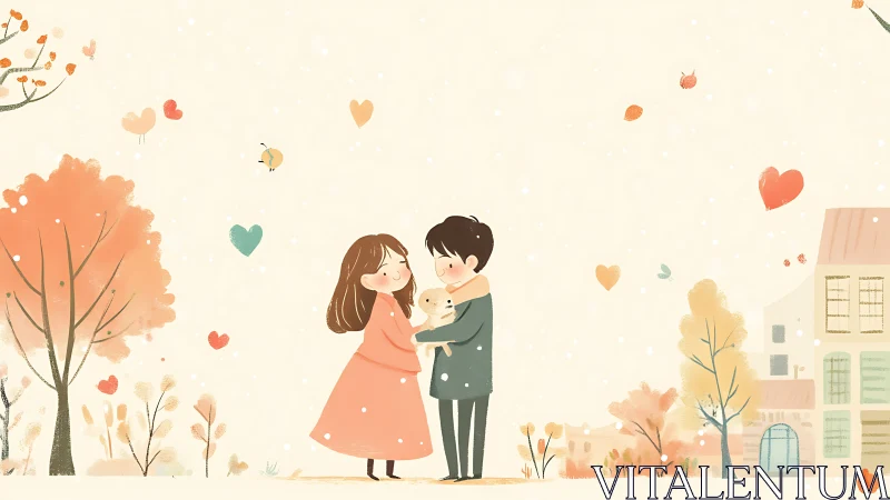 Stylized illustration depicts couple with child in autumn setting
