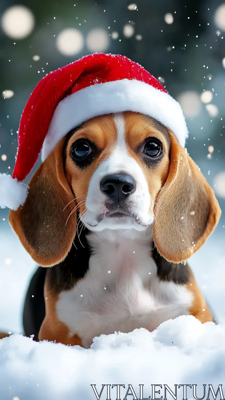 Beagle dog wearing Santa hat in snowy outdoor setting.