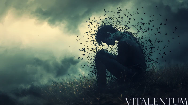 Silhouetted seated figure dissolving into flock of birds.