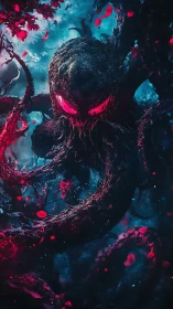 Eldritch forest entity coils through neon scarlet petals.