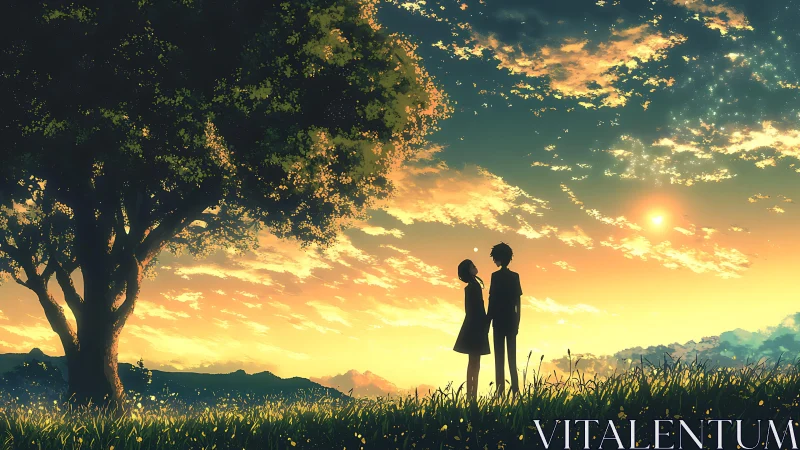 Silhouetted figures under tree against sunset sky panorama.