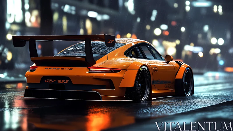 Orange Porsche GT3 RS rendered on wet neon-lit city street