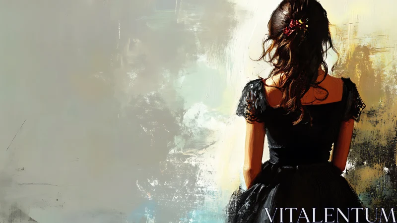 Young woman in black dress pausing in a quiet, dreamy moment.