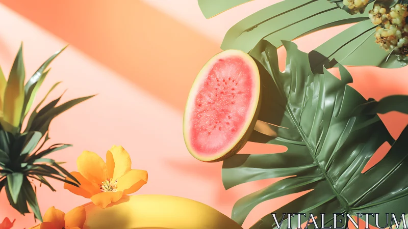 Summer fruits and tropical leaves glow in pastel sunlight.