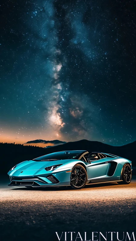 Blue supercar parked under clear Milky Way night sky.