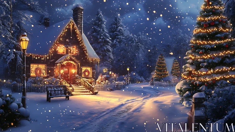 Snowy Christmas cottage glows with warm festive lights.