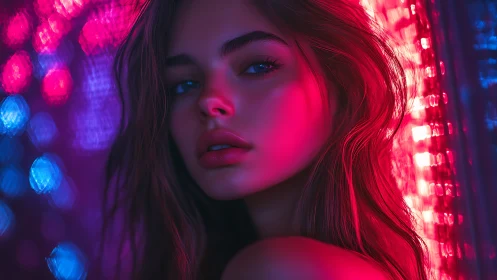 Female subject stands before neon bokeh under mixed lighting