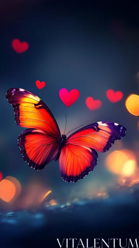 Luminous red butterfly drifts through dreamy hearts at dusk