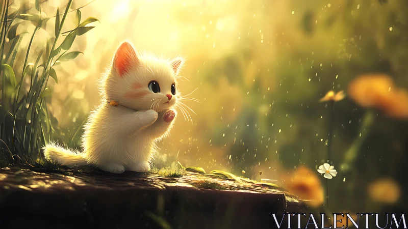 Luminous White Kitten in Diffused Golden Ambient Light.