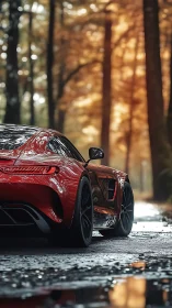 Red performance coupe on wet forest road at golden hour.