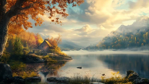 Autumn lakeside cabin glows beneath misty mountain sunrise.