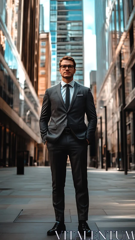 Confident young professional stands tall in a bright city street