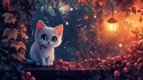 White Kitten in Autumn Garden at Dusk.