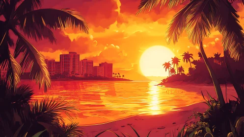 Tropical city sunset bathes palm-lined shoreline in gold light