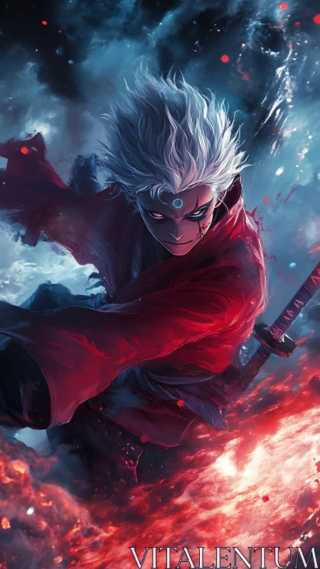 White haired swordsman commands stormfire in crimson robe
