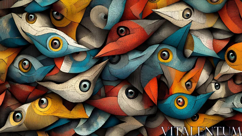 Colorful stylized bird heads interlock in dense abstract field