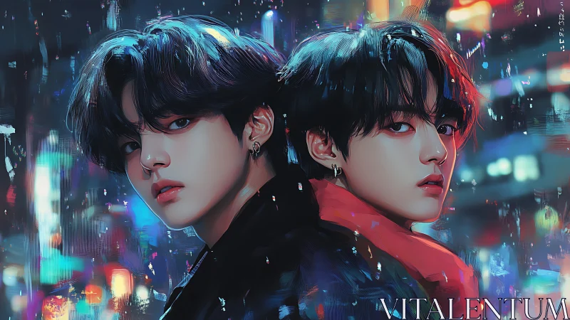 Neon-lit twin portraits stare boldly through the city rain