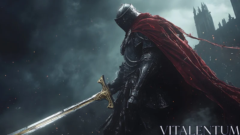Armored dark knight with crimson cloak in storm.