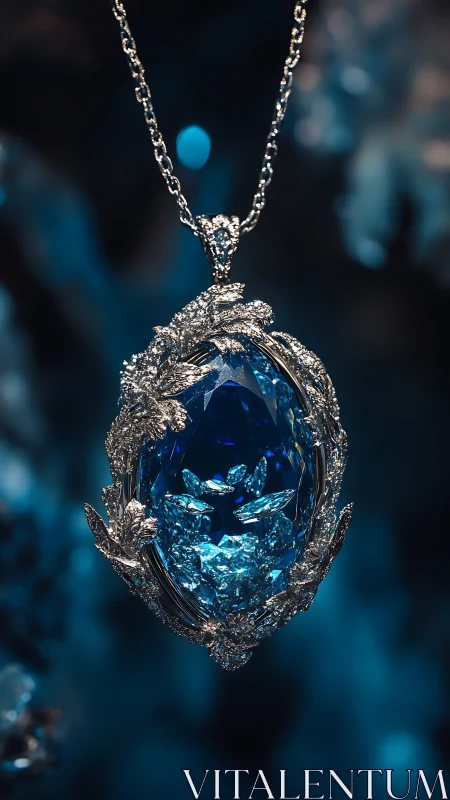 Sapphire pendant glows within ornate silver leaf setting.