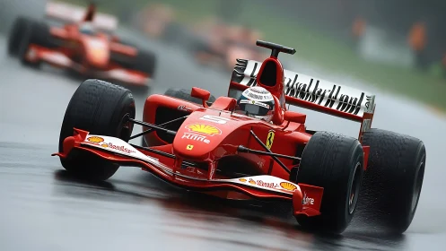 Red Formula One car powers through wet racing circuit