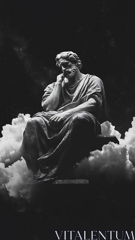 Contemplative stone figure rests thoughtfully among clouds